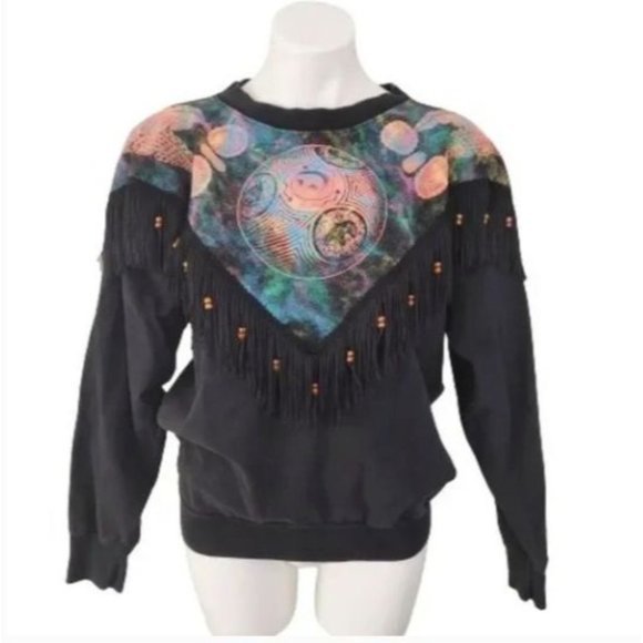 Vintage 90s Southwestern Fringe Crewneck Neon‎ Sweatshirt Size XL | J1 - Picture 3 of 7